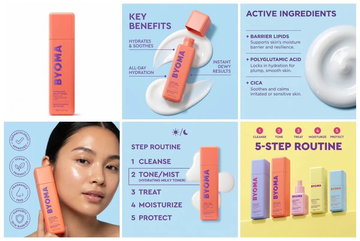 Beauty PDP example — full A+ visual set with model, ingredients, and texture