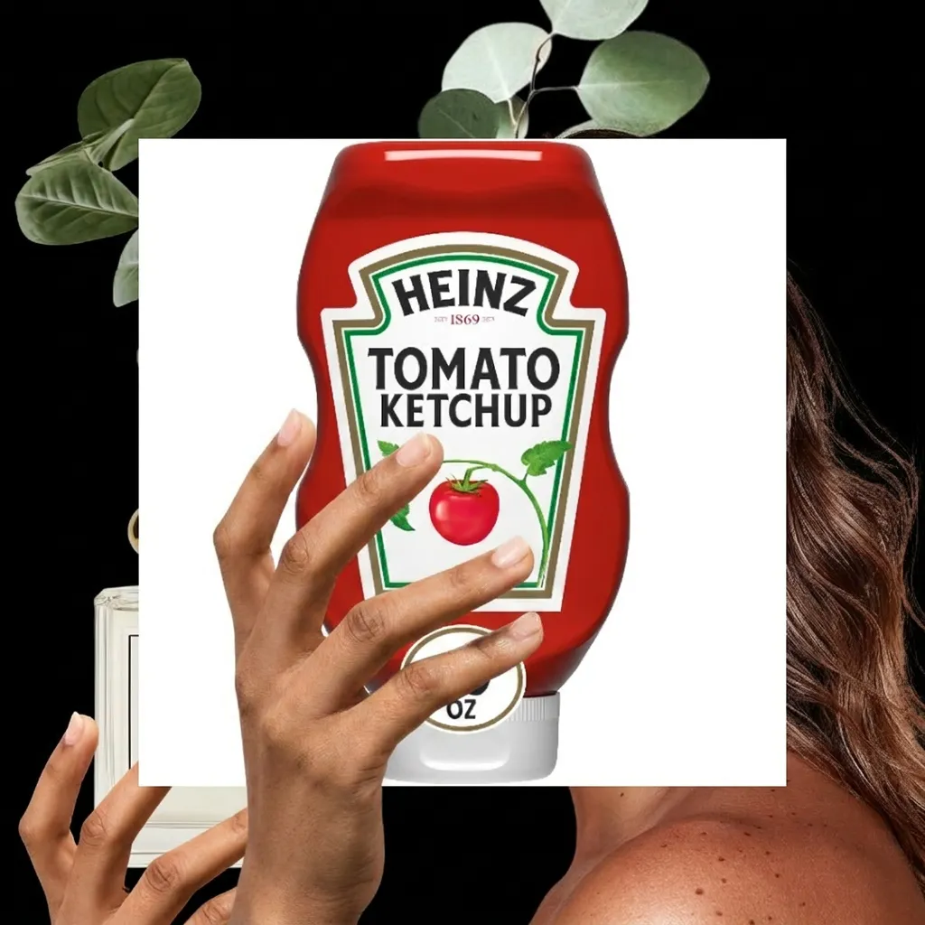 Flair AI output compositing the Heinz Tomato Ketchup bottle over a generated scene with a hand and foliage