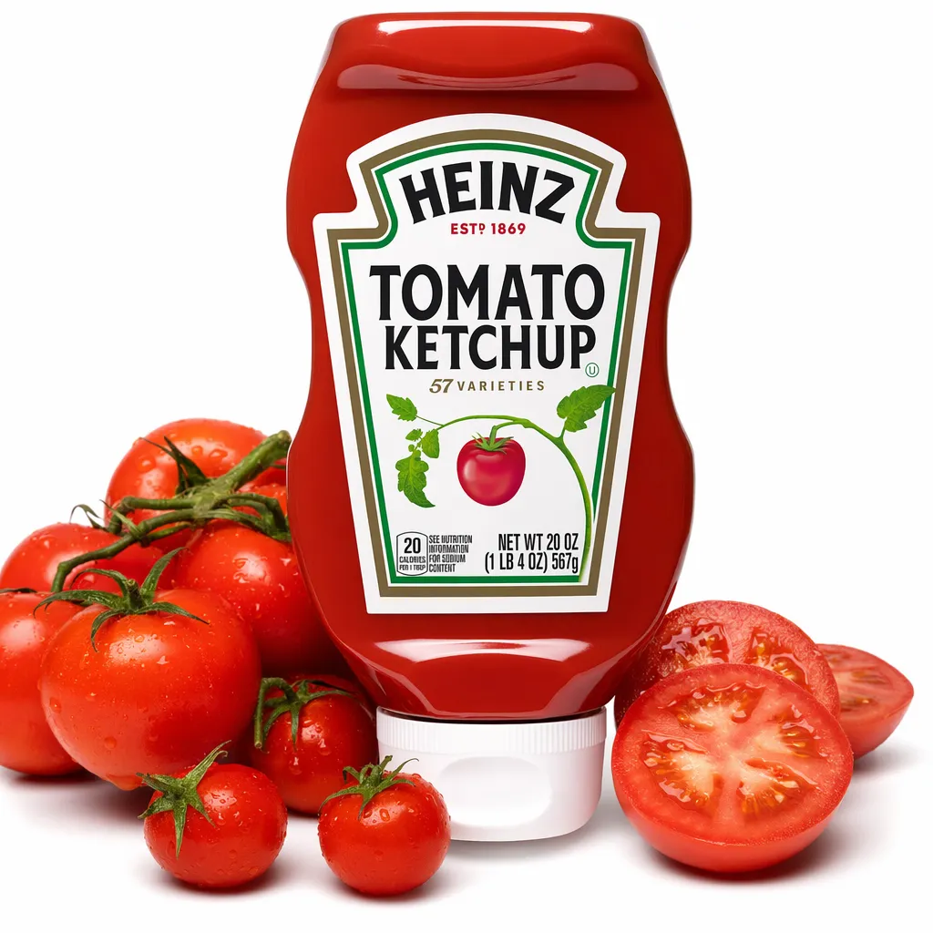 Pixii-generated Amazon main image for Heinz Tomato Ketchup, inverted squeeze bottle on white with fresh tomatoes
