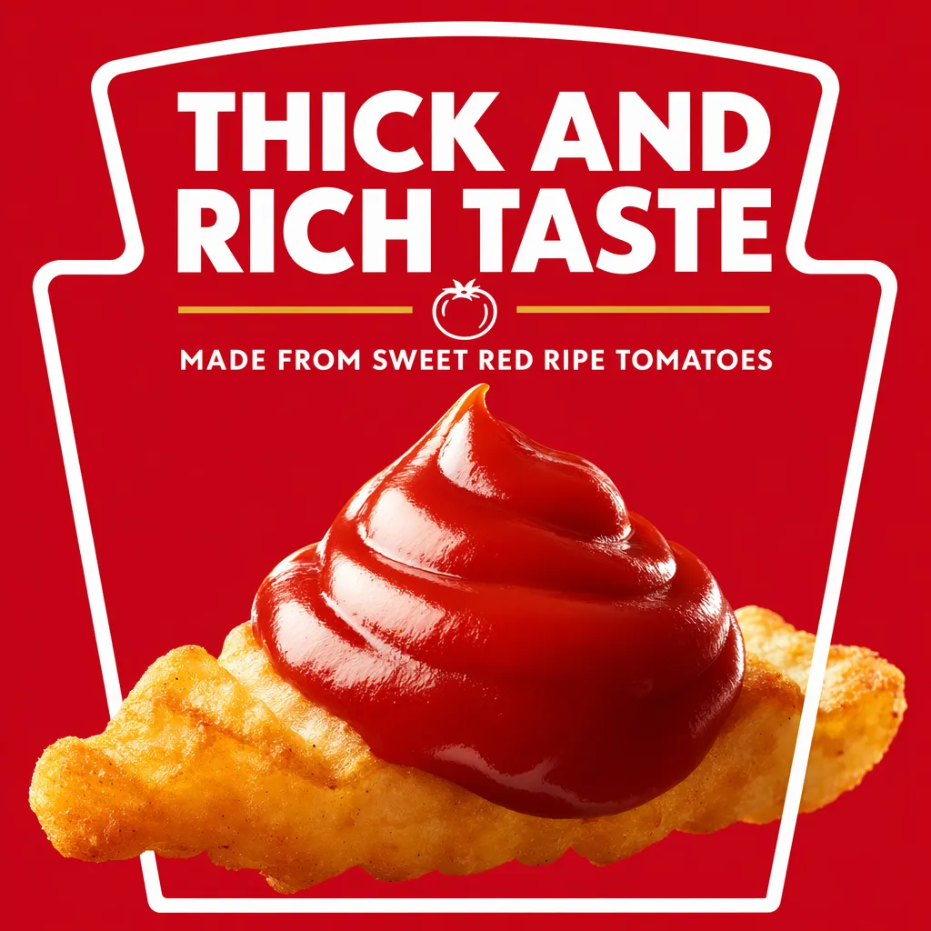 Pixii-generated Heinz Tomato Ketchup infographic reading THICK AND RICH TASTE, made from sweet red ripe tomatoes